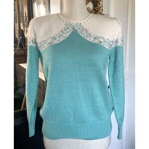 Jaclyn Smith Petite Sweater Ladies Medium Teal Cream Silver Bead & Thread VTG